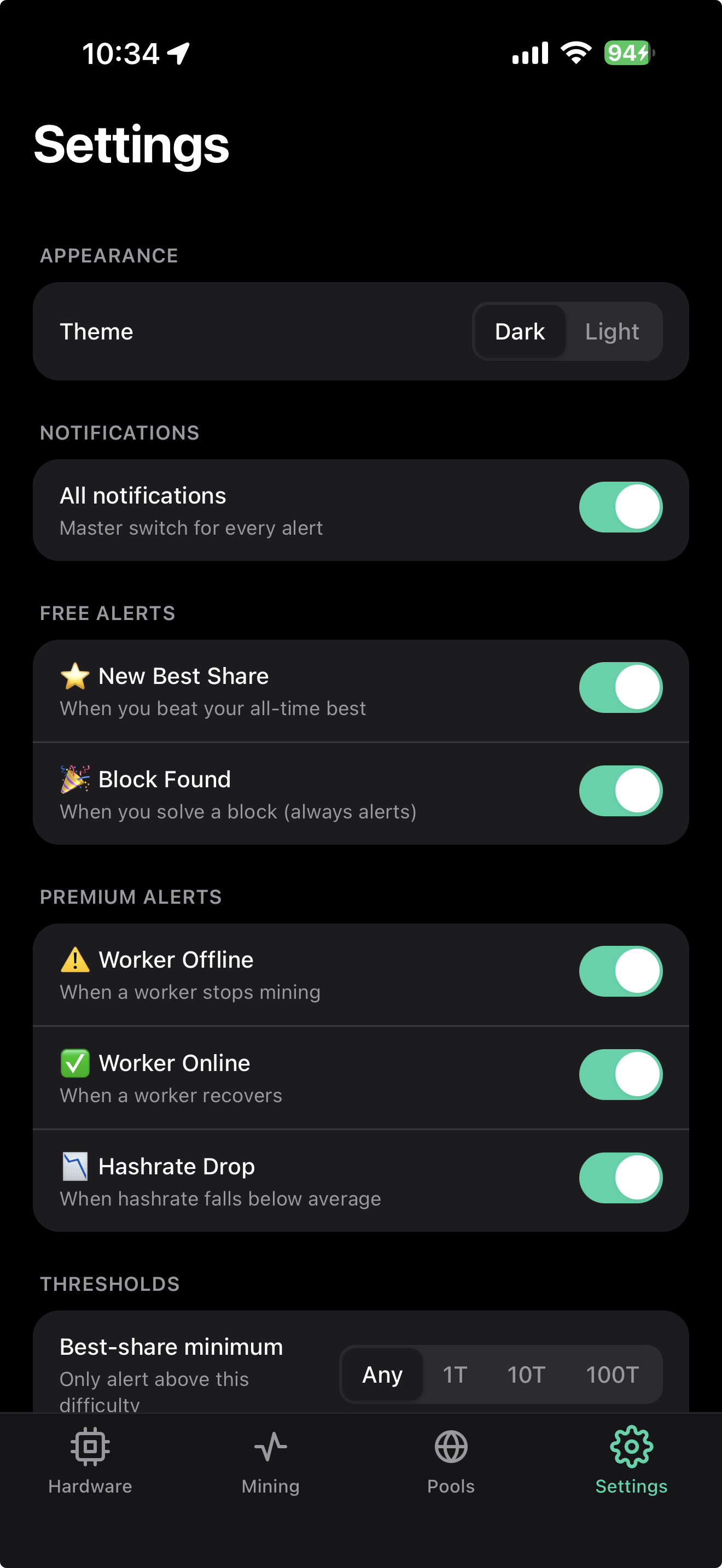SoloDeck notification settings: a master switch, free Best Share and Block Found alerts, and premium Worker Offline, Worker Online and Hashrate Drop alerts