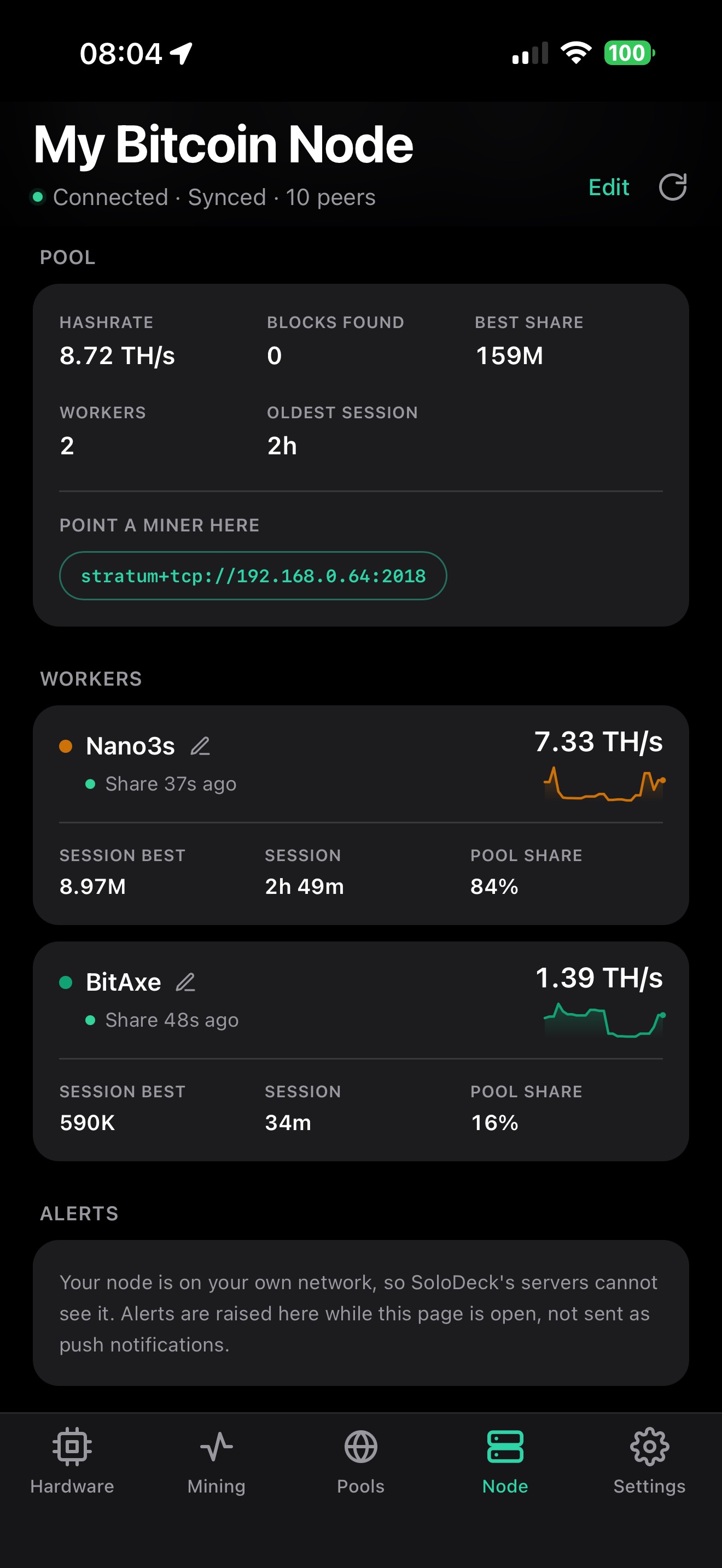 SoloDeck showing a self-hosted pool with two workers, a Nano3s at 7.33 TH/s and a BitAxe at 1.39 TH/s, above the stratum address to point a miner at